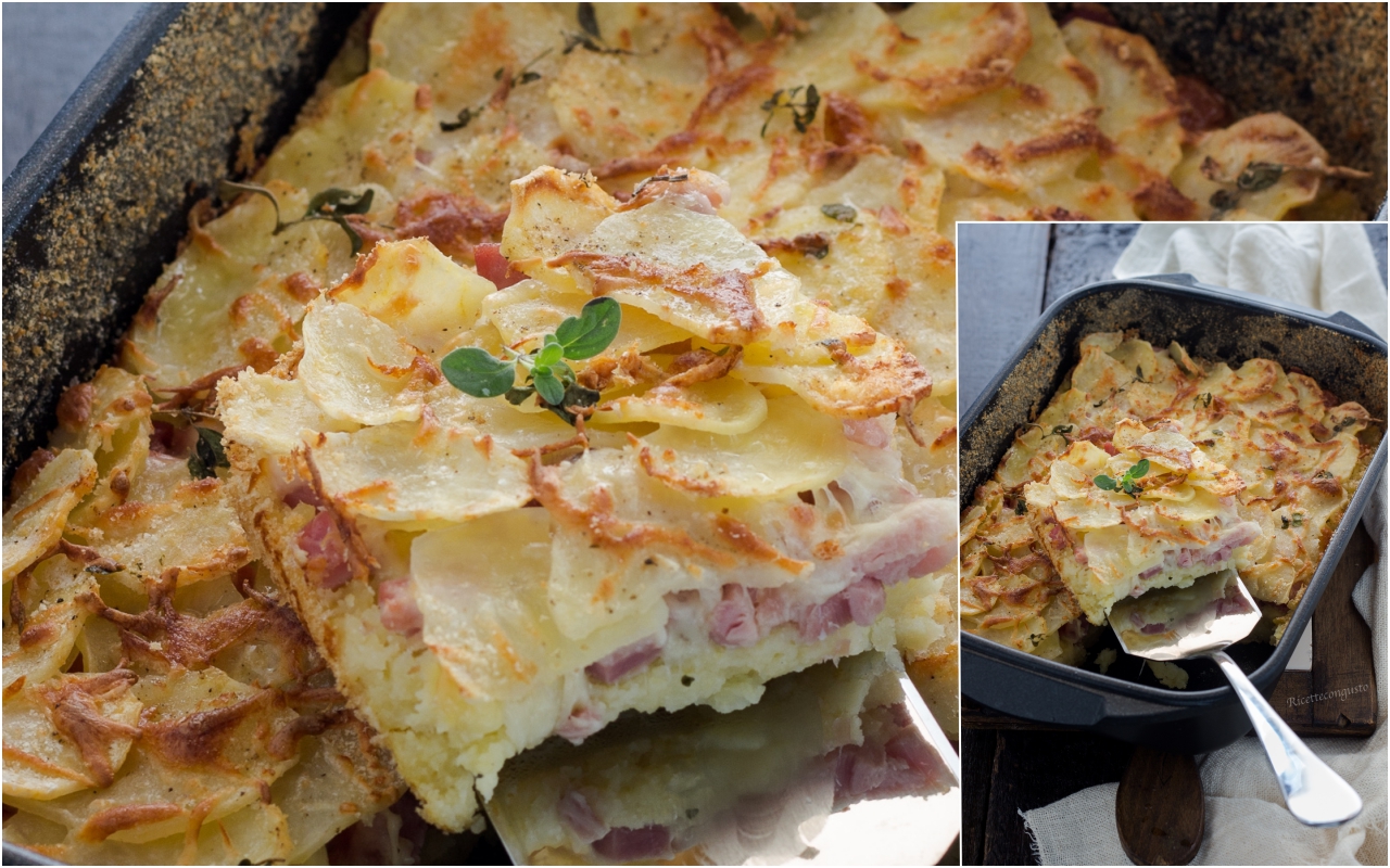 Tortino di patate con prosciutto cotto e scamorza - Ricettecongusto